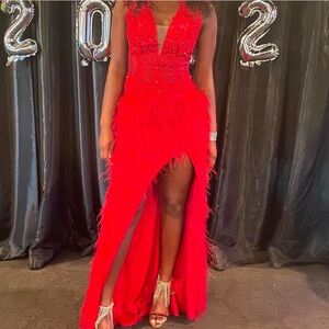 Red Jovani feather prom dress